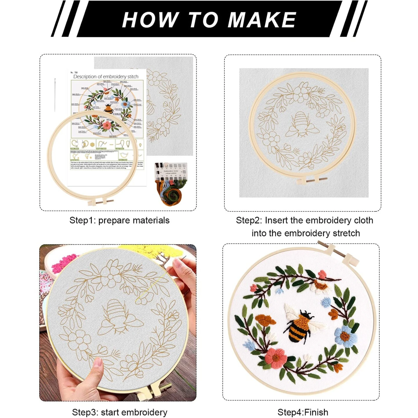 Embroidery Starter Kit For Beginners, 3 Sets Cross Stitch Kits For Adults, Include Embroidery Clothes With Cute Bees And Flowers Patterns, 1 Embroidery Hoop, Threads, Needles And Instruction 13 Embroidery Starter Kit For Beginners, 3 Sets Cross Stitch Kits For Adults, Include Embroidery Clothes With Cute Bees And Flowers Patterns, 1 Embroidery Hoop, Threads, Needles And Instruction - Image 11