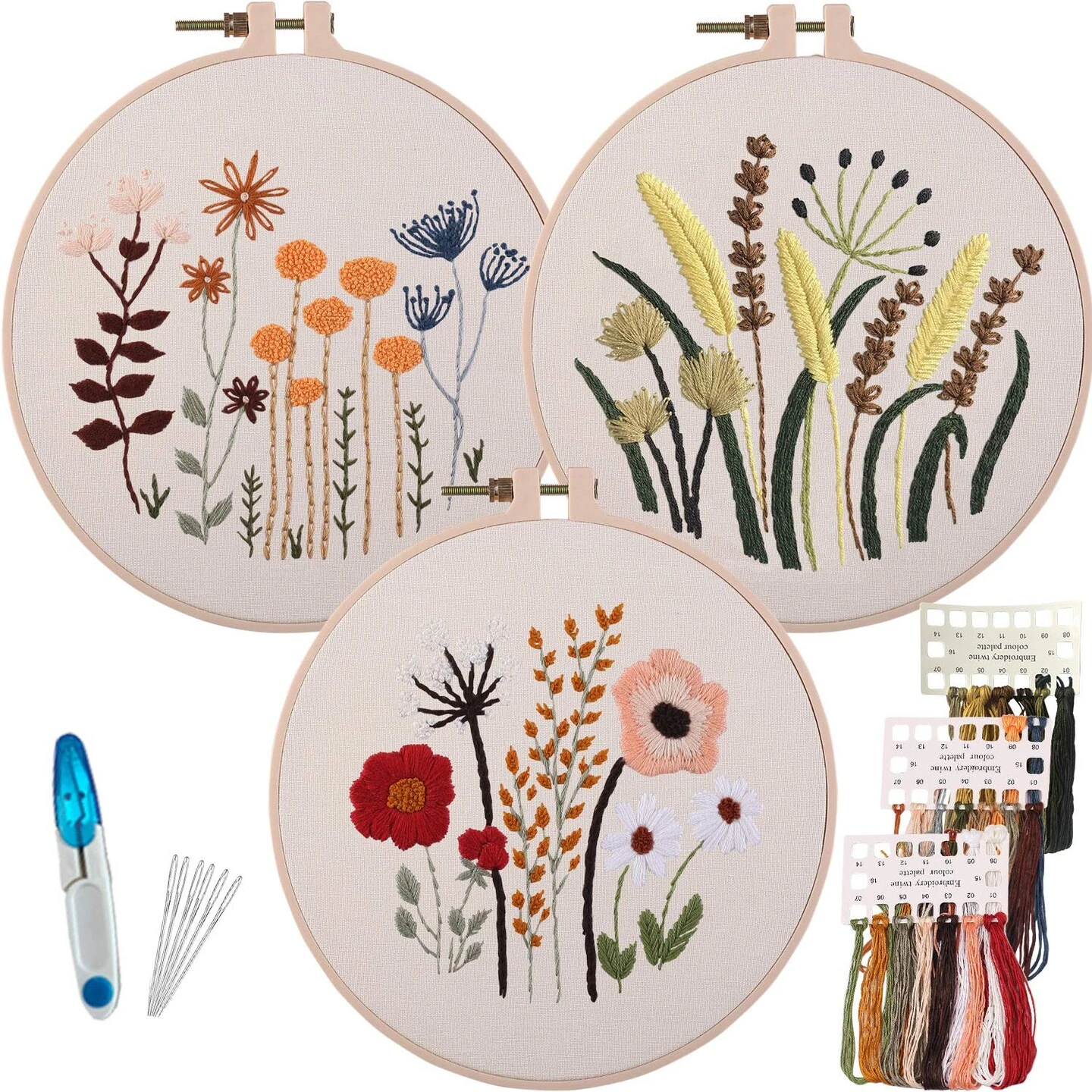 3 Sets Of Beginner Embroidery Kits With 3 Patterns And 6 Needles, Needlepoint Kits For Adults,Including Embroidery Floss,3 Plastic Hoops And 3 Cotton Fabric 3 3 Sets Of Beginner Embroidery Kits With 3 Patterns And 6 Needles, Needlepoint Kits For Adults,Including Embroidery Floss,3 Plastic Hoops And 3 Cotton Fabric