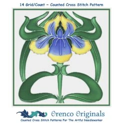 Art Nouveau Blue And Iris Flower Counted Cross Stitch Pattern