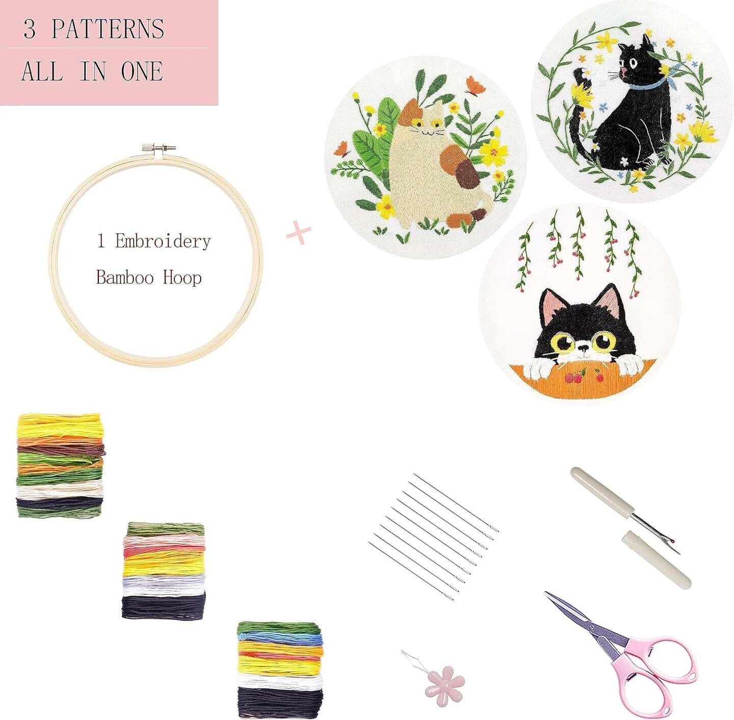 Embroidery Kit For Beginners, 3 Sets Embroidery Kit For Craft Lover Handy Stitch With Embroidery Fabric With Pattern,Full Range Accessories (Cats) Plant 6 Embroidery Kit For Beginners, 3 Sets Embroidery Kit For Craft Lover Handy Stitch With Embroidery Fabric With Pattern,Full Range Accessories (Cats) Plant - Image 4