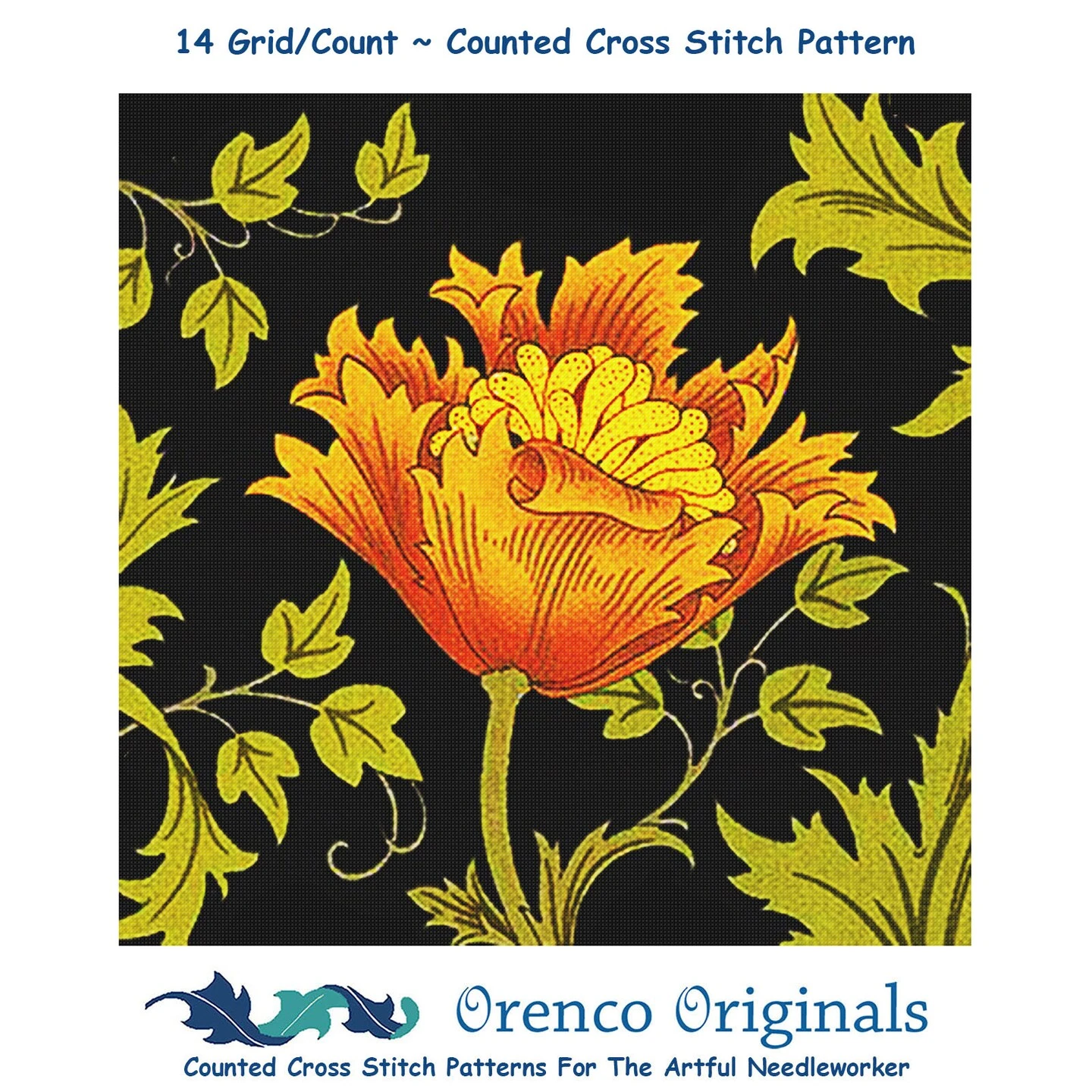 New William Morris Orange Anemone Flower On Black Counted Cross Stitch Pattern 3 New William Morris Orange Anemone Flower On Black Counted Cross Stitch Pattern