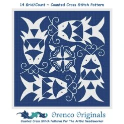 Asian Indigo 4 Fish Folk Art Design *2 DMC Colors* Counted Cross Stitch Pattern