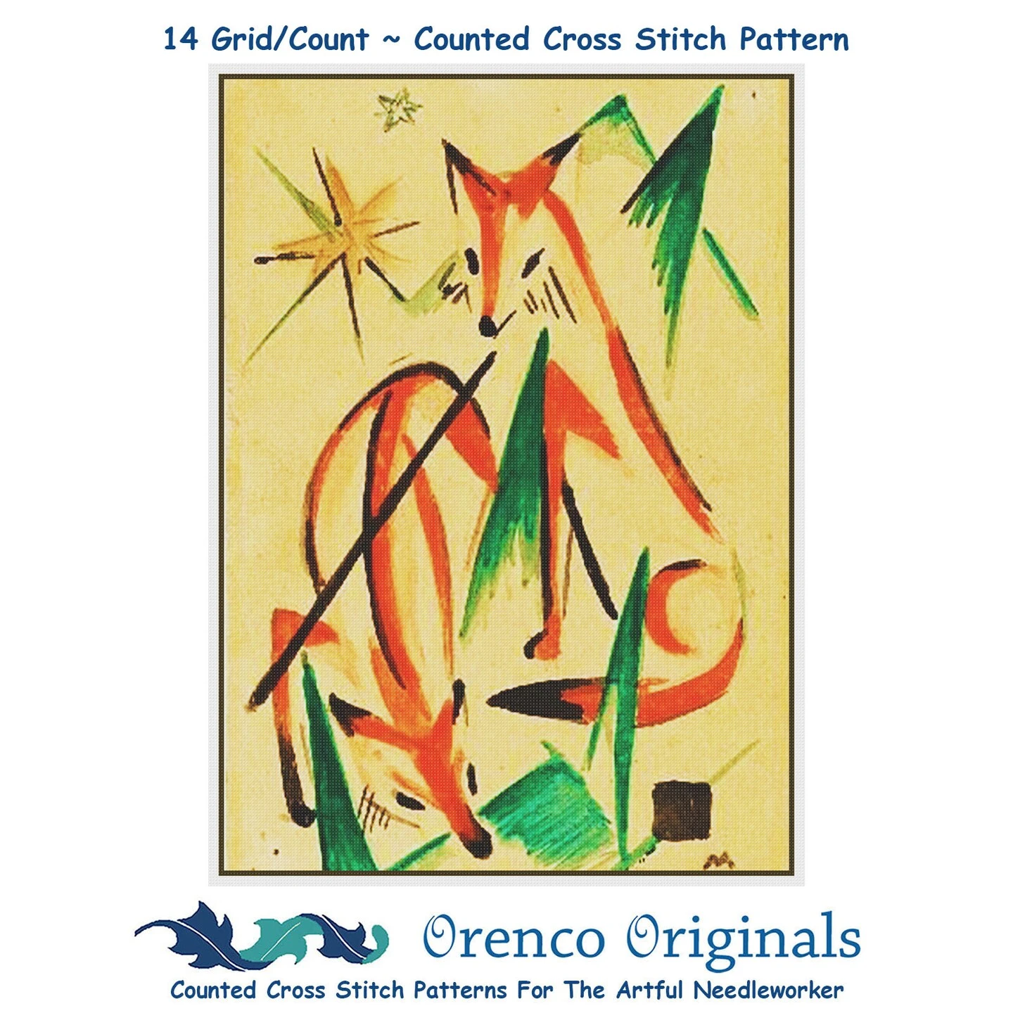 Two Foxes Sketch By Expressionist Artist Franz Marc Counted Cross Stitch Pattern 3 Two Foxes Sketch By Expressionist Artist Franz Marc Counted Cross Stitch Pattern