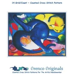 2 Vivid Cats By Expressionist Artist Franz Marc Counted Cross Stitch Pattern
