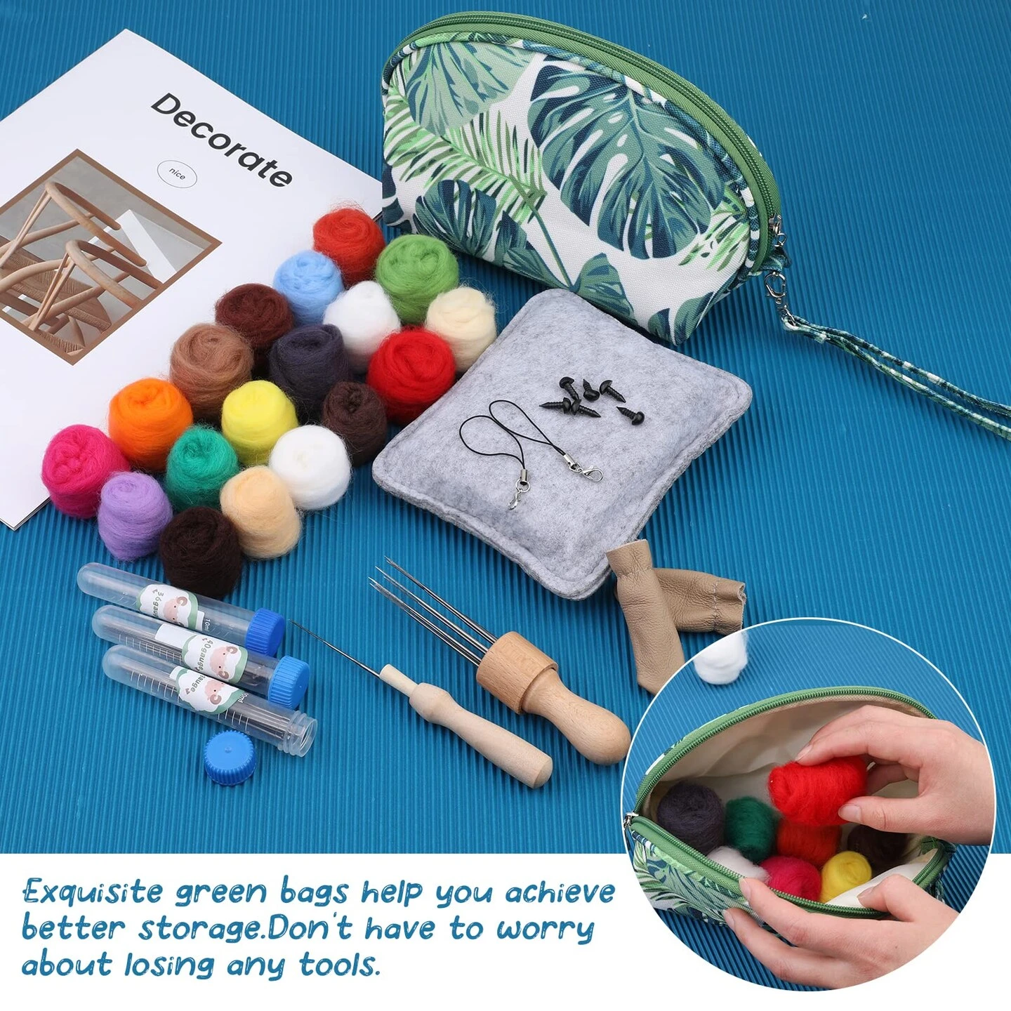 Needle Felting Kit, Needle Felting Starter Kit With Exquisite Green Storage Bag, Wool Roving 18 Colors Set, Needle Wool Felting Tools Kit, Wool Felt Tools For Felted Animal Needle Felting Supplies 16 Needle Felting Kit, Needle Felting Starter Kit With Exquisite Green Storage Bag, Wool Roving 18 Colors Set, Needle Wool Felting Tools Kit, Wool Felt Tools For Felted Animal Needle Felting Supplies - Image 14