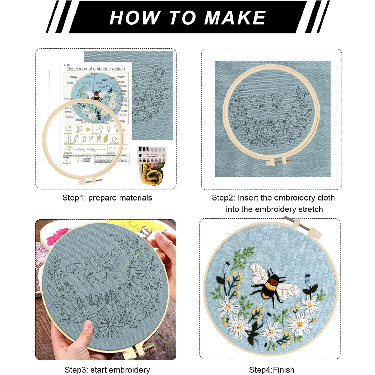 Embroidery Starter Kit For Beginners, 3 Sets Cross Stitch Kits For Adults, Include Embroidery Clothes With Cute Bees And Flowers Patterns, 1 Embroidery Hoop, Threads, Needles And Instruction 18 Embroidery Starter Kit For Beginners, 3 Sets Cross Stitch Kits For Adults, Include Embroidery Clothes With Cute Bees And Flowers Patterns, 1 Embroidery Hoop, Threads, Needles And Instruction - Image 16