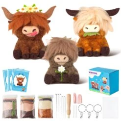 Highland Cow Needle Felting Kit - Set Of 3 Different Highland Cow Doll Wool Felt Needle Felting Tools Foam Pad, DIY Home Decoration Needle Felting Craft Party Supplies For Beginners