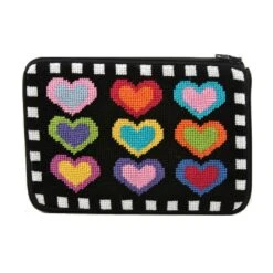 Cosmetic Purse - Hearts On Black - Needlepoint Kit Multicolor -Michaels Stores 163276848969 2
