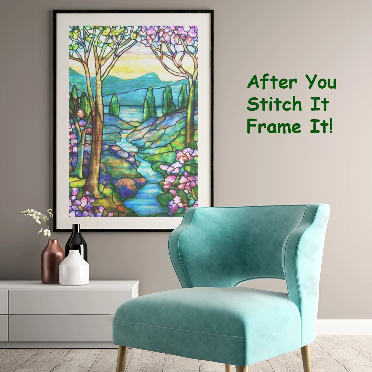 Mountain And Stream Landscape Detail Inspired By Louis Comfort Tiffany Counted Cross Stitch Pattern 5 Mountain And Stream Landscape Detail Inspired By Louis Comfort Tiffany Counted Cross Stitch Pattern - Image 3