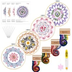 4 Mandala Embroidery Starter Kit With Instruction Plum Blossom Chrysanthemum Orchid Lotus Needlepoint Cross Stitch Kit With Embroidery Hoop Threads Needle Scissors For Beginners DIY Craft