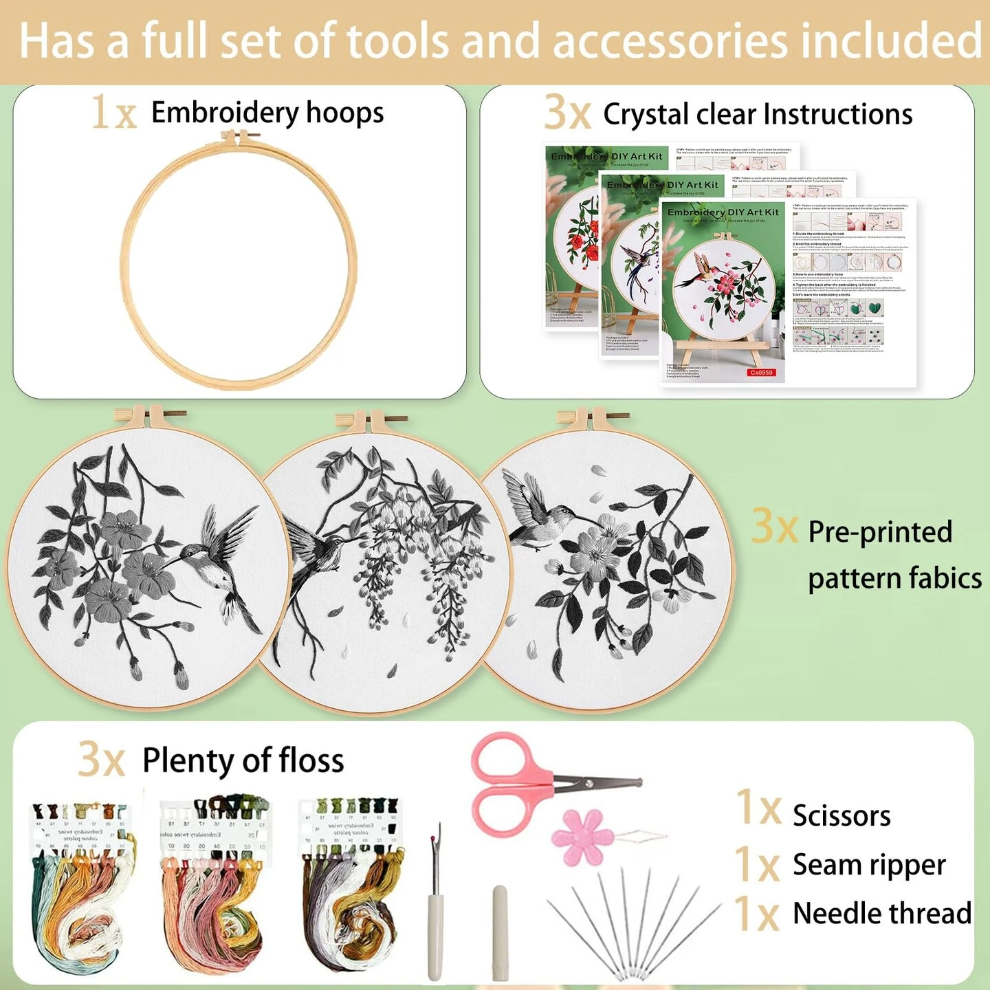 3 Sets Hummingbird Embroidery Kit For Beginners Needlepoint Kits For Adults Cross Stitch Kits With Clear Instructions,Easy Funny Stamped Bird Patterns Fabric Hand Crafts 14 3 Sets Hummingbird Embroidery Kit For Beginners Needlepoint Kits For Adults Cross Stitch Kits With Clear Instructions,Easy Funny Stamped Bird Patterns Fabric Hand Crafts - Image 12