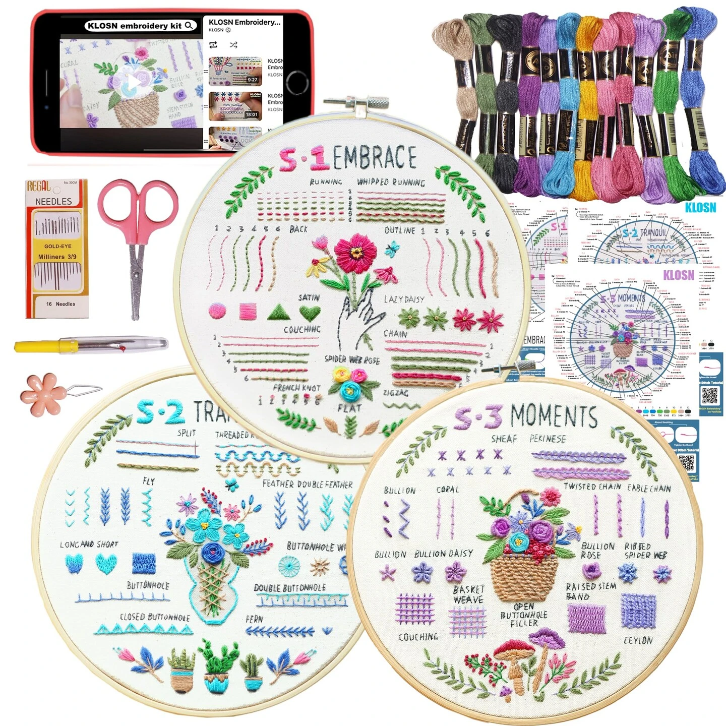 3 Sets Embroidery Kit For Beginners, 37 Embroidery Stitch Kits Adults Beginner With Embroidery Patterns, Punch Needle Point Kits Adults Including Embroidery Supplies And Instruction Video 9 3 Sets Embroidery Kit For Beginners, 37 Embroidery Stitch Kits Adults Beginner With Embroidery Patterns, Punch Needle Point Kits Adults Including Embroidery Supplies And Instruction Video - Image 7