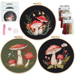 3 Sets Mushroom Embroidery Kit, Adult Beginner DIY Needle Kit,Art Craft Handy Sewing Set
