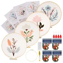 Maydear 4 Sets Embroidery Kit Punch Needle Kit,Embroidery Kit For Beginners Cross Stitch Kits With Embroidery Hoop And Instructions, Hand Embroidery Starter Kit For Adults (Four Flowers)
