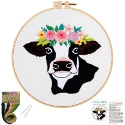 Louise Maelys Cow Beginners Embroidery Kits,Cross Stitch Starter Kit For Adults With Embroidery Cloth Hoop Needles Instruction And Threads