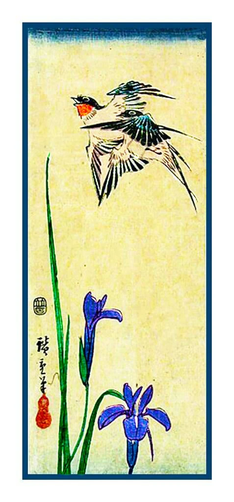 Japanese Hiroshige Swallow Bird Iris Flower Counted Cross Stitch Chart Pattern 4 Japanese Hiroshige Swallow Bird Iris Flower Counted Cross Stitch Chart Pattern - Image 2