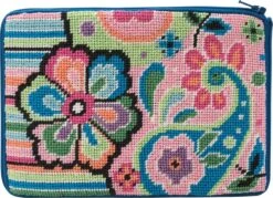 Stitch & Zip Needlepoint Cosmetic Purse Kit- Pastel Floral Paisley Multicolor