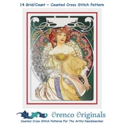 Art Nouveau Alphonse Mucha's Green Reverie Counted Cross Stitch Chart Pattern