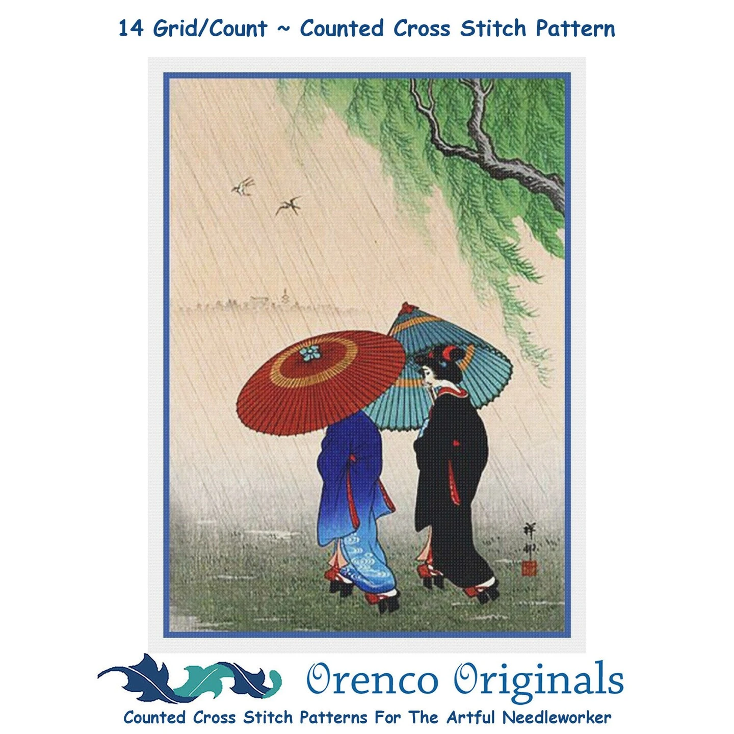 2 Women Rain Umbrella Asian Japanese Ohara Shoson Counted Cross Stitch Pattern 13 2 Women Rain Umbrella Asian Japanese Ohara Shoson Counted Cross Stitch Pattern - Image 11