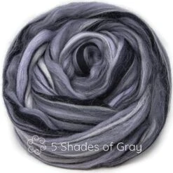100% Merino Wool Roving. Soft Colorful Combed Top Roving For Felting, Spinning, Fiber Arts. 5 Shades Of Grey
