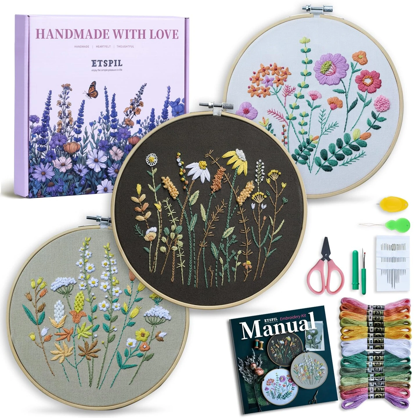 3 Pack Beginner Embroidery Kits, DIY Starter Set With Stamped Flower Designs, Embroidery Hoop, Colorful Threads, Tools 9 3 Pack Beginner Embroidery Kits, DIY Starter Set With Stamped Flower Designs, Embroidery Hoop, Colorful Threads, Tools - Image 7
