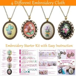 4 Packs Embroidery Kit For Beginners, Shynek 26 Pcs Mini Cross Stitch Kits Includes Stamped Embroidery Clothes With Flowers Pattern Embroidery Necklace Pendant Embroidery Hoops And Necklace Chains -Michaels Stores 34477204740144 2