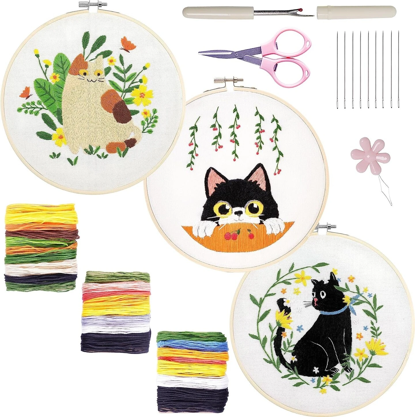 Embroidery Kit For Beginners, 3 Sets Embroidery Kit For Craft Lover Handy Stitch With Embroidery Fabric With Pattern,Full Range Accessories (Cats) Plant 4 Embroidery Kit For Beginners, 3 Sets Embroidery Kit For Craft Lover Handy Stitch With Embroidery Fabric With Pattern,Full Range Accessories (Cats) Plant - Image 2
