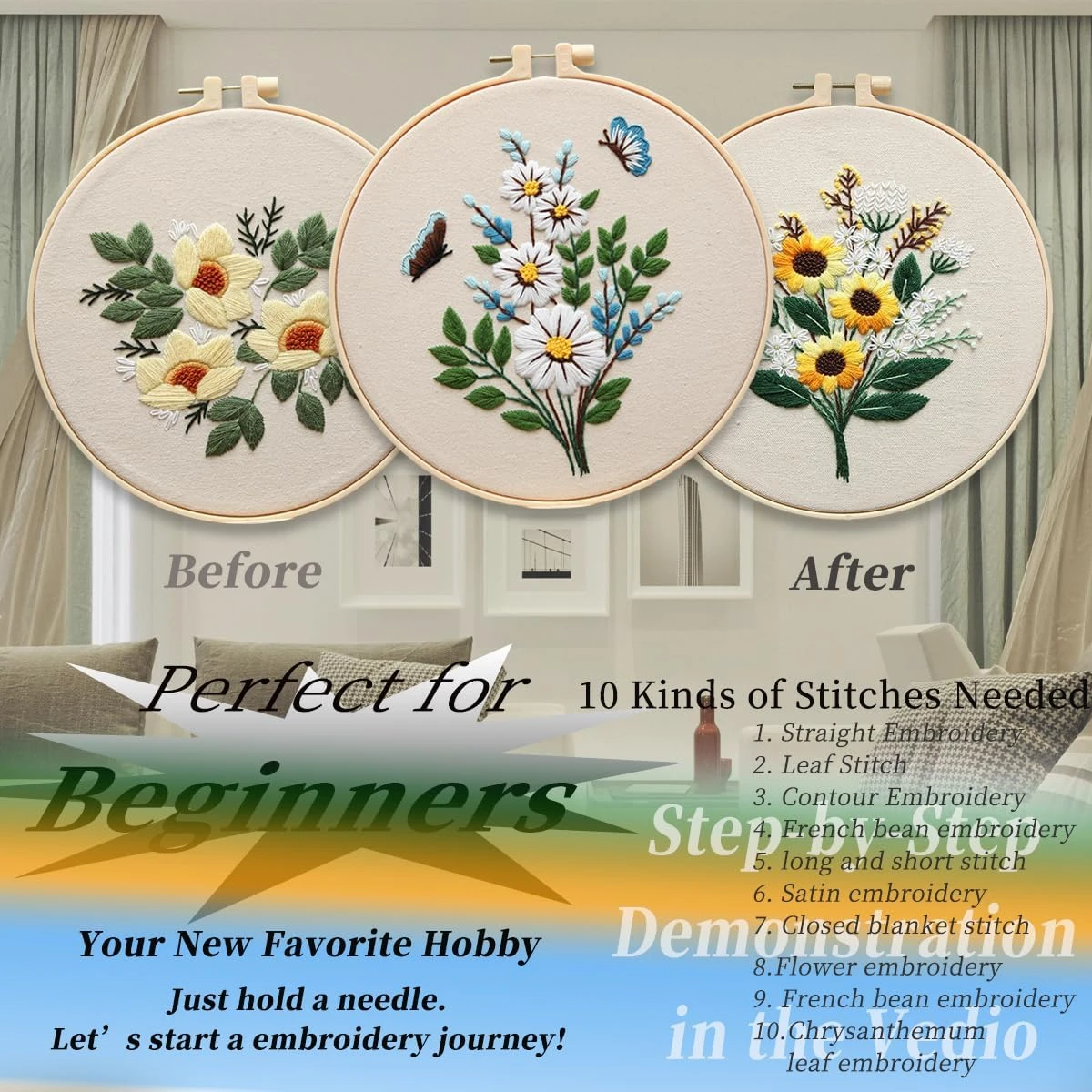 Embroidery Kit For Beginners,Plants Flowers Pre-Stamped Pattern Kits 11 Embroidery Kit For Beginners,Plants Flowers Pre-Stamped Pattern Kits - Image 9