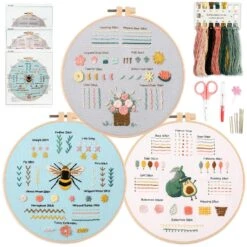 3 Embroidery Kit For Beginners, Beginner Embroidery Kit For Adults. Starter Kits To Learn 28 Different Stitches, Including Fabric With Prints, Threads, Needles, Hoop And Video Tutorials…