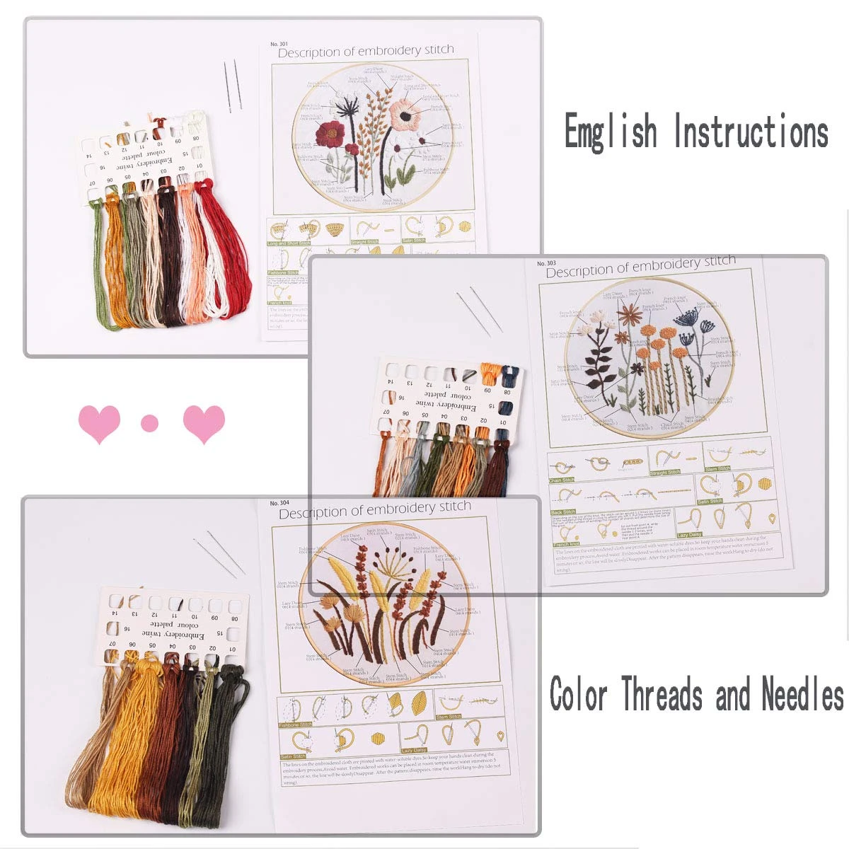 3 Sets Of Beginner Embroidery Kits With 3 Patterns And 6 Needles, Needlepoint Kits For Adults,Including Embroidery Floss,3 Plastic Hoops And 3 Cotton Fabric 8 3 Sets Of Beginner Embroidery Kits With 3 Patterns And 6 Needles, Needlepoint Kits For Adults,Including Embroidery Floss,3 Plastic Hoops And 3 Cotton Fabric - Image 6