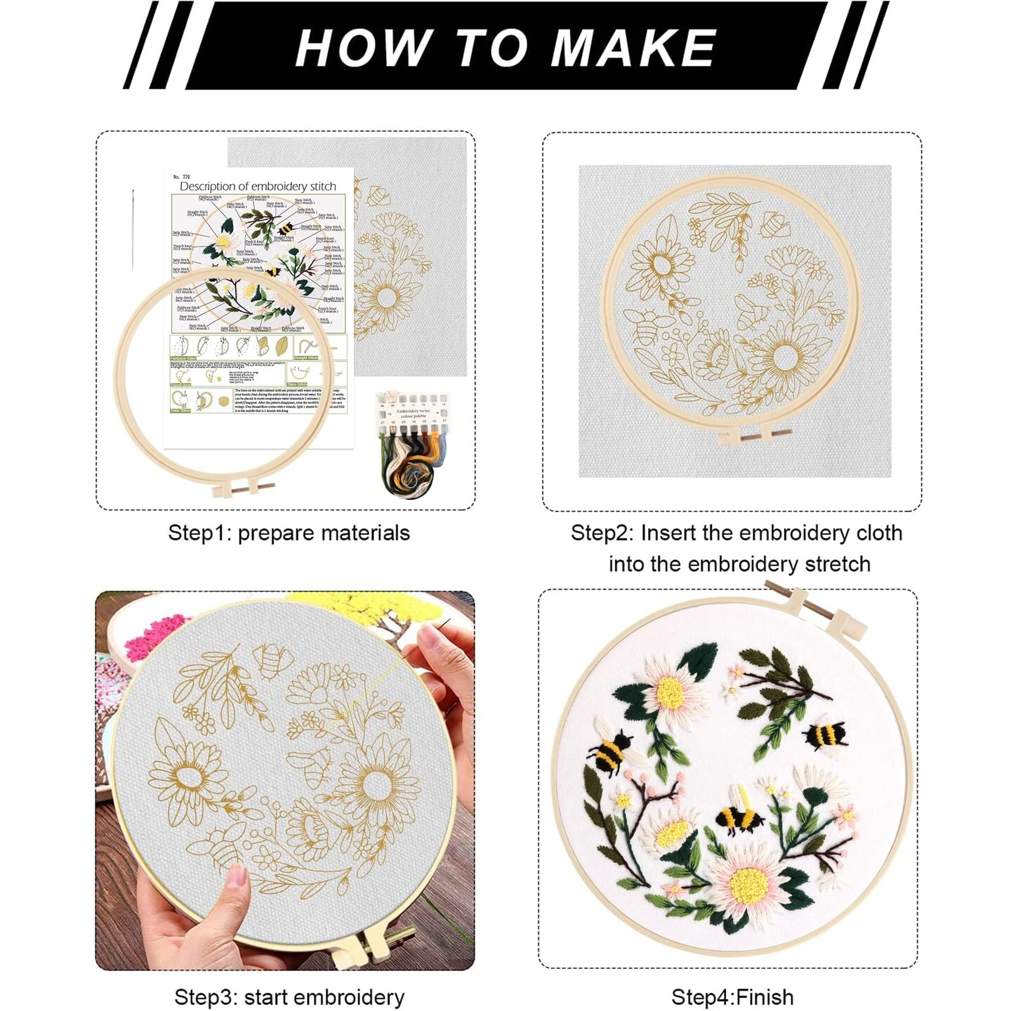 Embroidery Starter Kit For Beginners, 3 Sets Cross Stitch Kits For Adults, Include Embroidery Clothes With Cute Bees And Flowers Patterns, 1 Embroidery Hoop, Threads, Needles And Instruction 5 Embroidery Starter Kit For Beginners, 3 Sets Cross Stitch Kits For Adults, Include Embroidery Clothes With Cute Bees And Flowers Patterns, 1 Embroidery Hoop, Threads, Needles And Instruction - Image 3