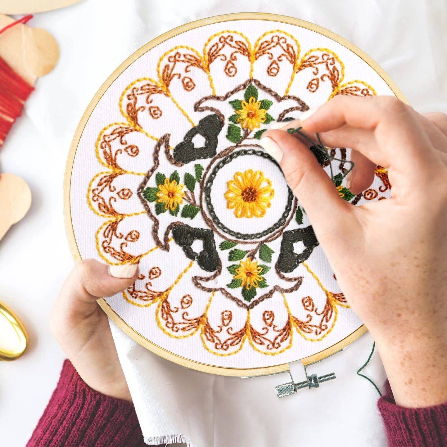 4 Mandala Embroidery Starter Kit With Instruction Plum Blossom Chrysanthemum Orchid Lotus Needlepoint Cross Stitch Kit With Embroidery Hoop Threads Needle Scissors For Beginners DIY Craft 5 4 Mandala Embroidery Starter Kit With Instruction Plum Blossom Chrysanthemum Orchid Lotus Needlepoint Cross Stitch Kit With Embroidery Hoop Threads Needle Scissors For Beginners DIY Craft - Image 3