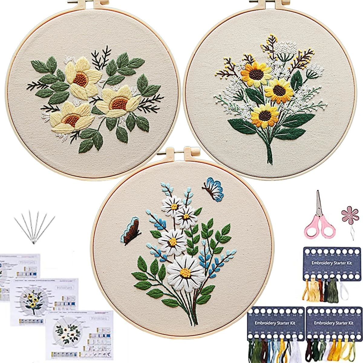 Embroidery Kit For Beginners,Plants Flowers Pre-Stamped Pattern Kits 3 Embroidery Kit For Beginners,Plants Flowers Pre-Stamped Pattern Kits