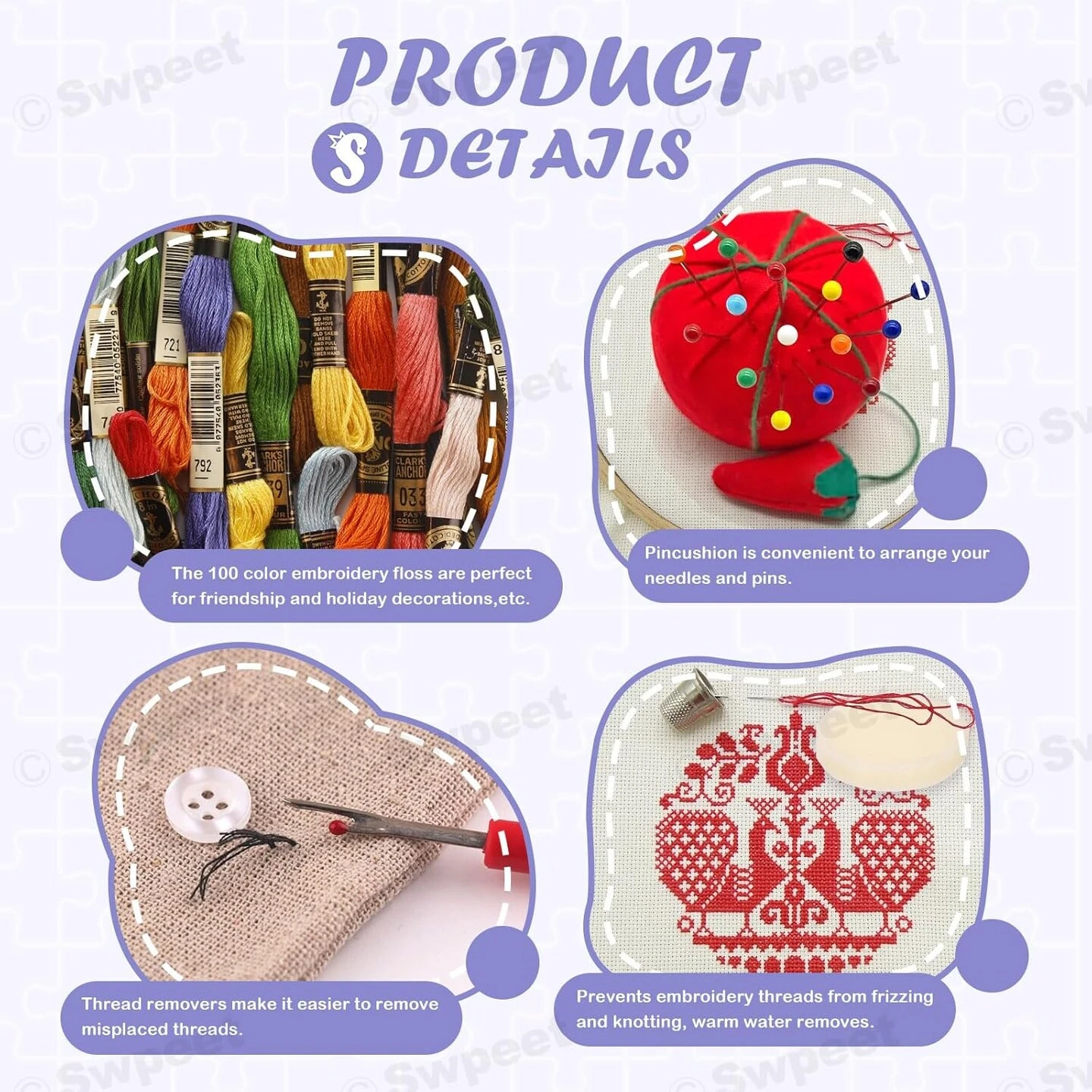 212Pcs Embroidery Kit, Stitch Kits Include 100 Colors Threads, Aida Cloth, Sewing Pins, Floss Bobbins, Embroidery Needles, Bamboo Embroidery Hoops, The Shell Of A Pen With Erasable Refill 12 212Pcs Embroidery Kit, Stitch Kits Include 100 Colors Threads, Aida Cloth, Sewing Pins, Floss Bobbins, Embroidery Needles, Bamboo Embroidery Hoops, The Shell Of A Pen With Erasable Refill - Image 10
