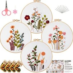 4 Sets Embroidery Kit Starter With Pattern And Instructions, DIY Beginner Starter Cross Stitch Kit Include 1 Embroidery Hoop, Needlework For Adults (Flower-Happy Time)