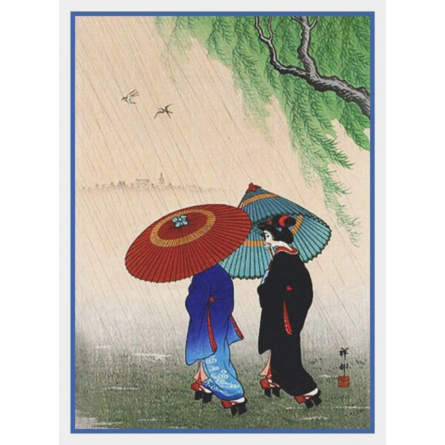 2 Women Rain Umbrella Asian Japanese Ohara Shoson Counted Cross Stitch Pattern 4 2 Women Rain Umbrella Asian Japanese Ohara Shoson Counted Cross Stitch Pattern - Image 2