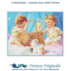2 Babies Basket With Toys By Mabel Rollins Harris Counted Cross Stitch Pattern