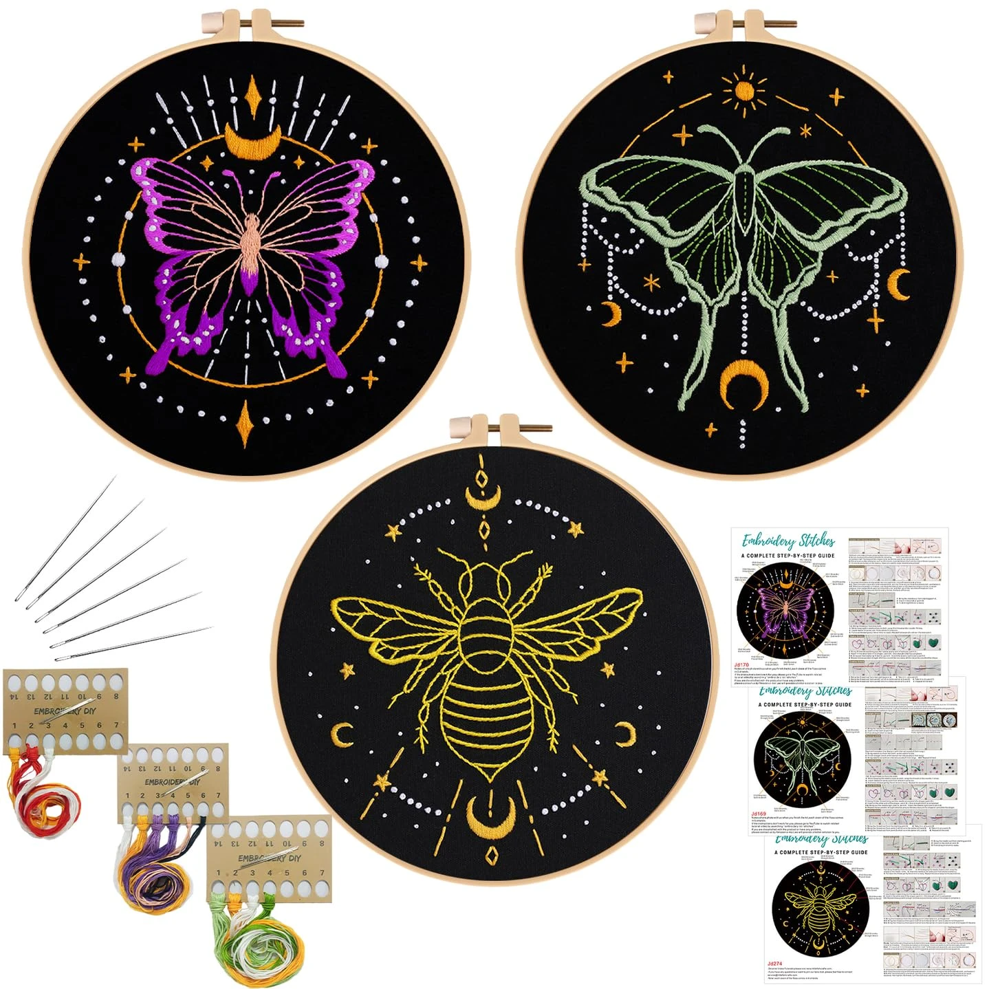 3 Sets Tarot Embroidery Kits For Beginners,Cross Stitch Kit For Adults,Crewel Starters Needlepoint With Moon, Butterfly, Bee And Moth Pattern And Tool 9 3 Sets Tarot Embroidery Kits For Beginners,Cross Stitch Kit For Adults,Crewel Starters Needlepoint With Moon, Butterfly, Bee And Moth Pattern And Tool - Image 7