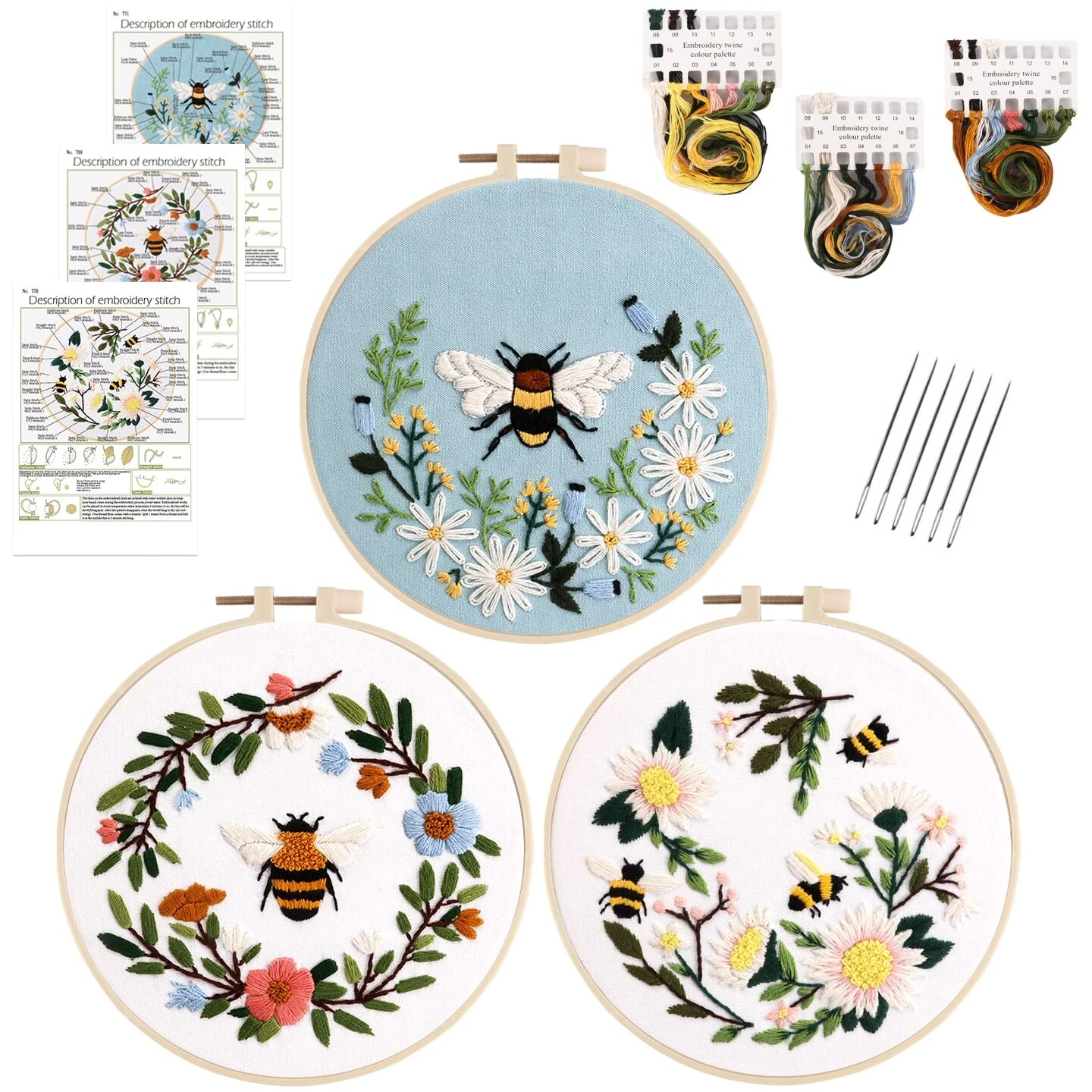 Embroidery Starter Kit For Beginners, 3 Sets Cross Stitch Kits For Adults, Include Embroidery Clothes With Cute Bees And Flowers Patterns, 1 Embroidery Hoop, Threads, Needles And Instruction 15 Embroidery Starter Kit For Beginners, 3 Sets Cross Stitch Kits For Adults, Include Embroidery Clothes With Cute Bees And Flowers Patterns, 1 Embroidery Hoop, Threads, Needles And Instruction - Image 13
