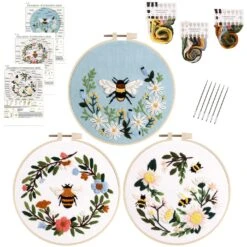 Embroidery Starter Kit For Beginners, 3 Sets Cross Stitch Kits For Adults, Include Embroidery Clothes With Cute Bees And Flowers Patterns, 1 Embroidery Hoop, Threads, Needles And Instruction